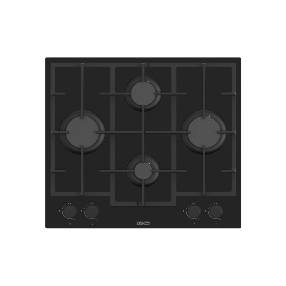 Plaque à Gaz 60 cm Noir, Verre Trempé, Grilles Multi-foyers en Fonte Infinity