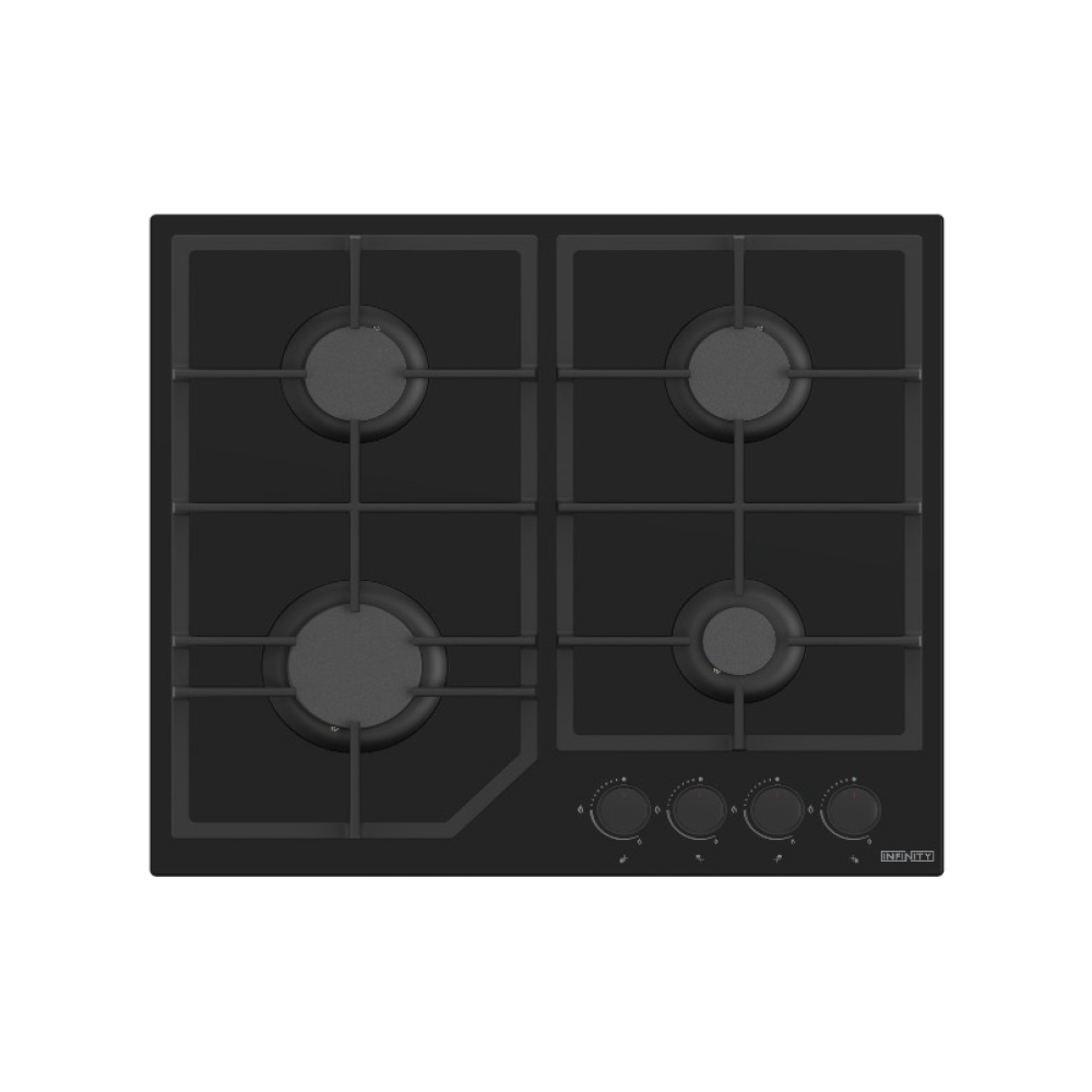 Plaque à Gaz 60 cm Noir, Verre Trempé, Grilles Fonte, Allumage Une Main Infinity (H 652 B)