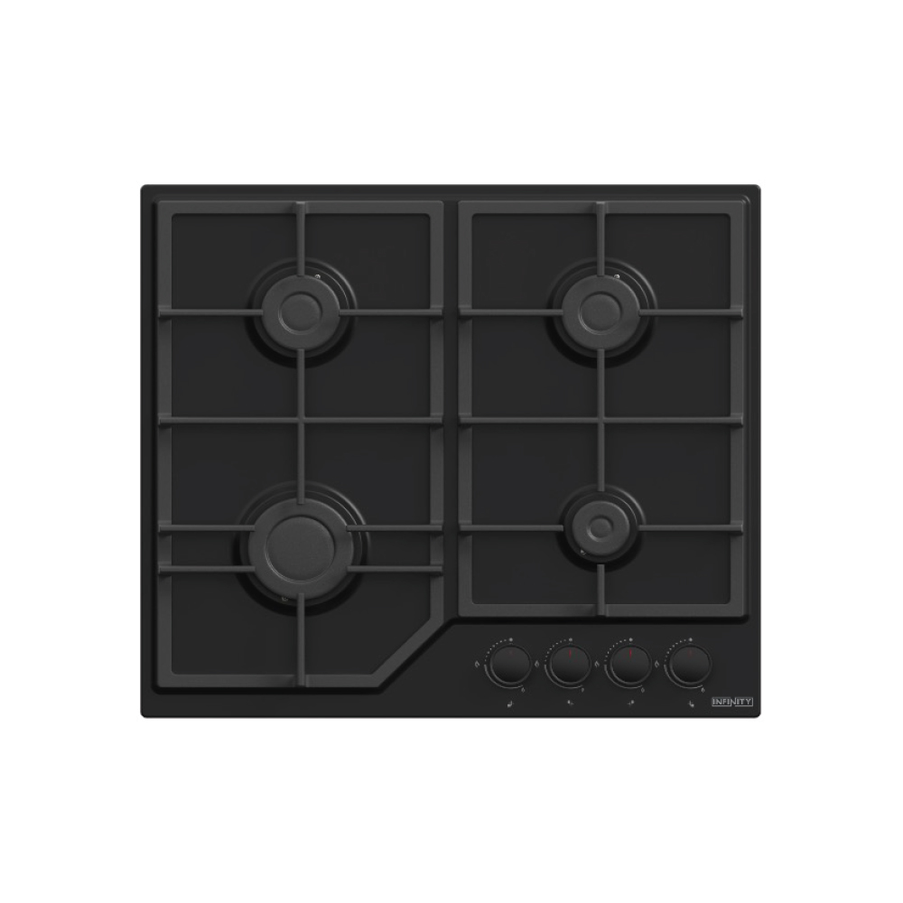 Plaque à Gaz 60 cm Noir Mat, Grilles Fonte, Allumage Une Main Infinity