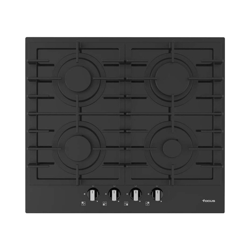 Plaque 4 Feux Gaz 60 cm Grilles Fonte Vitro Noir Focus