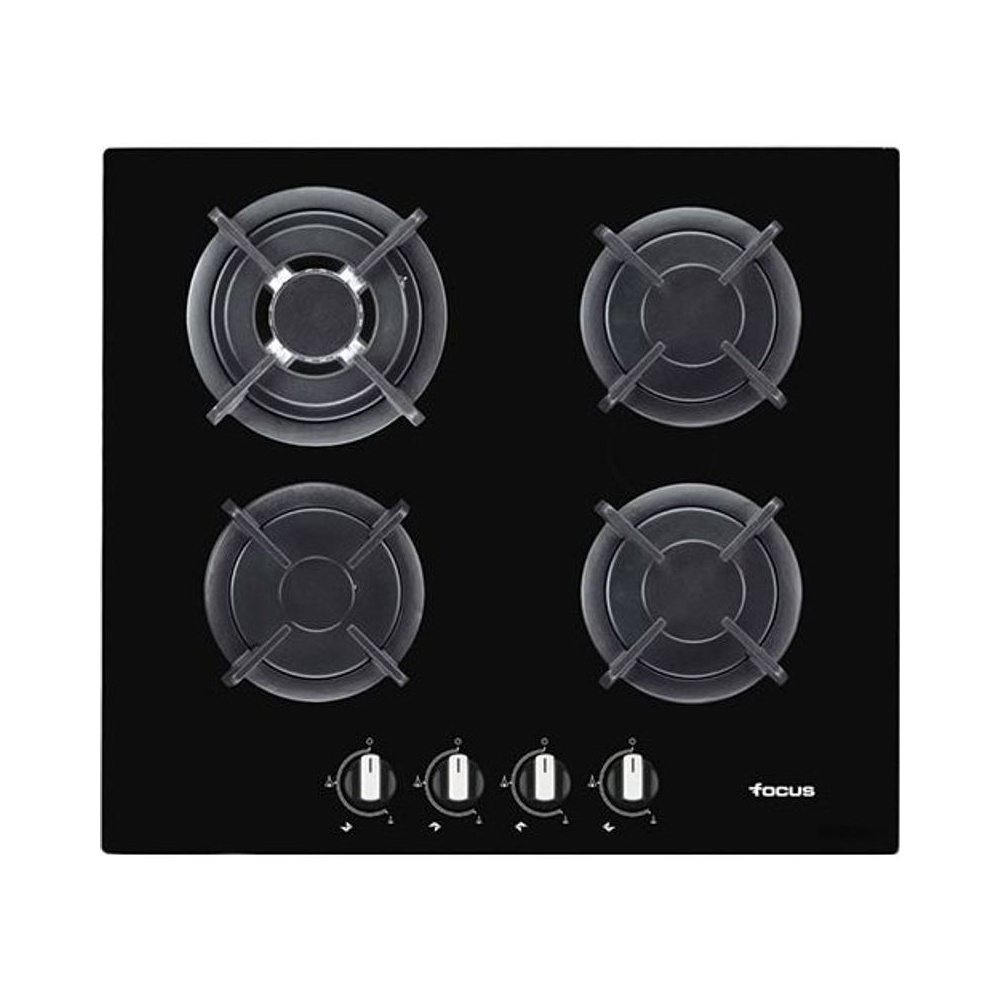 Plaque 4 Feux Gaz 60 cm Grilles Fonte Vitro Noir Focus (F.415B)