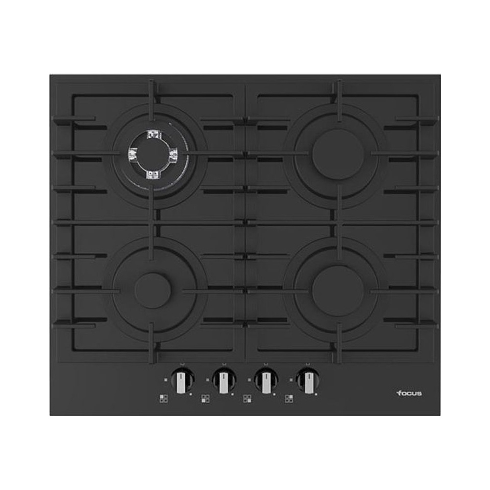 Plaque 4 Feux Gaz 60 cm Grilles Fonte Vitro Noir Focus (F.405B)