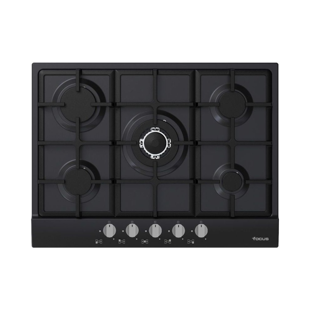 Plaque 5 Feux Gaz 70 cm Grilles Fonte Noir Focus