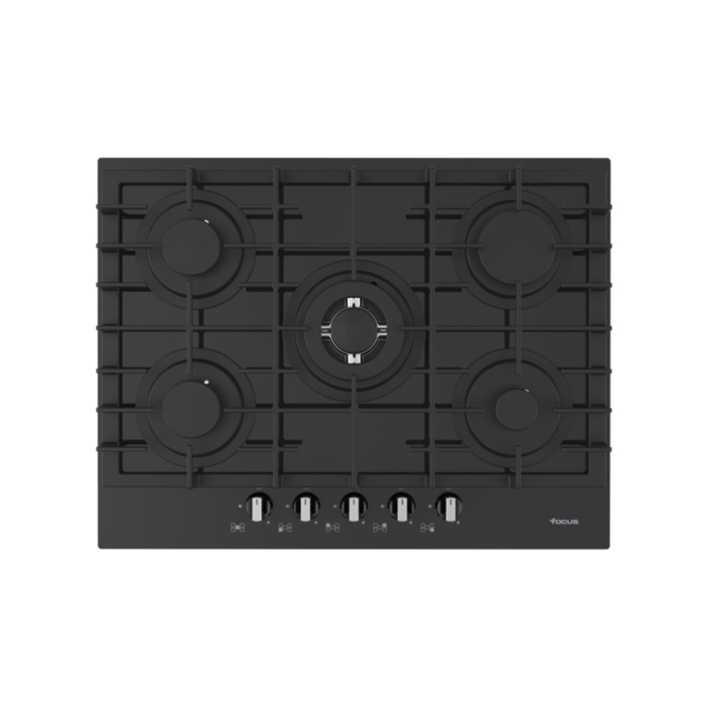 Plaque 5 Feux Gaz 70 cm Grilles Fonte Vitro Noir Focus