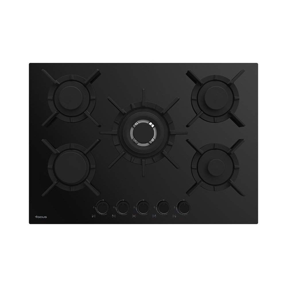 Plaque 5 Feux Gaz 75 cm Grilles Fonte Vitro Noir Focus