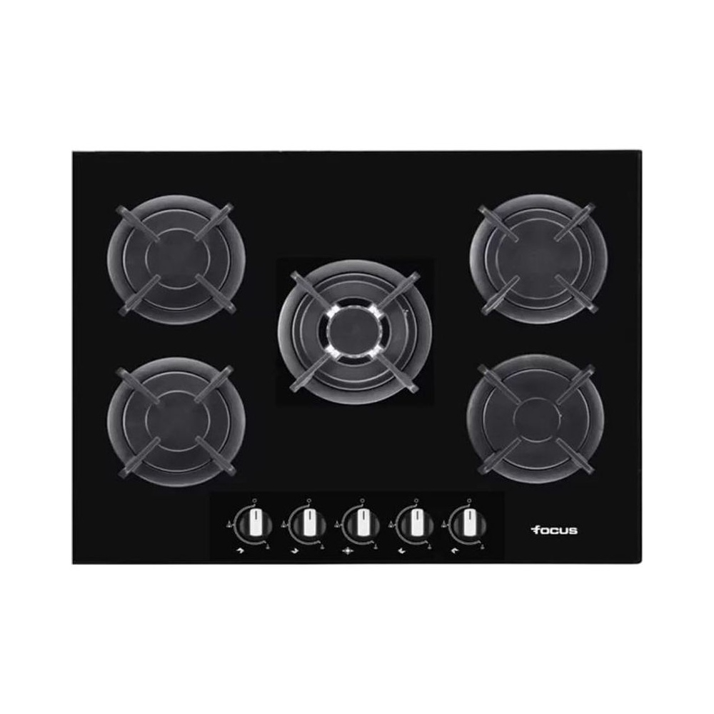 Plaque 5 Feux Gaz 86 cm Grilles Fonte Vitro Noir Focus