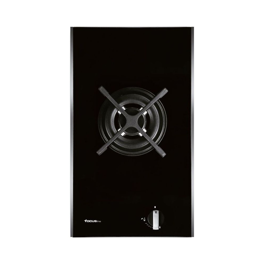 Plaque de Cuisson Domino 1 Feux Gaz 30 cm Grilles Fonte Thermocouple Vitro Noir Focus Line