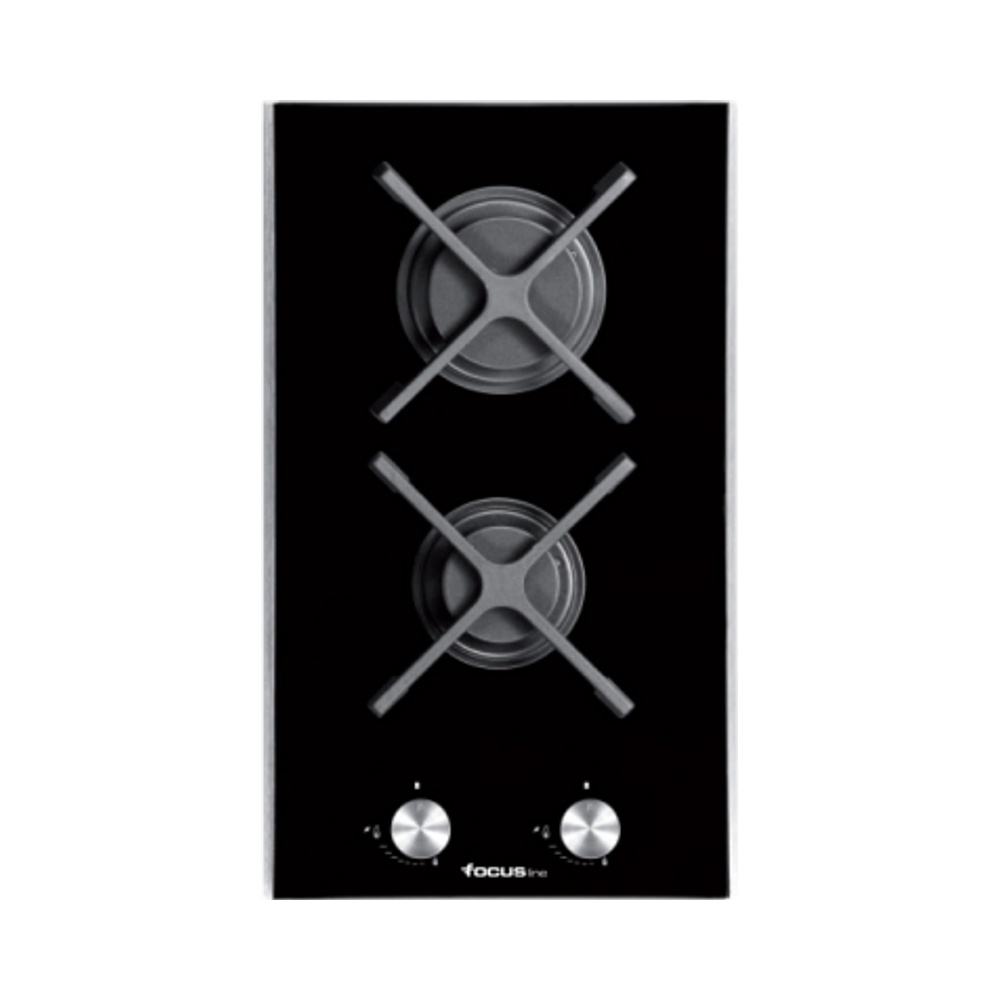 Plaque de Cuisson Domino 2 Feux Gaz 30 cm Grilles Fonte Thermocouple Vitro Noir Focus Line