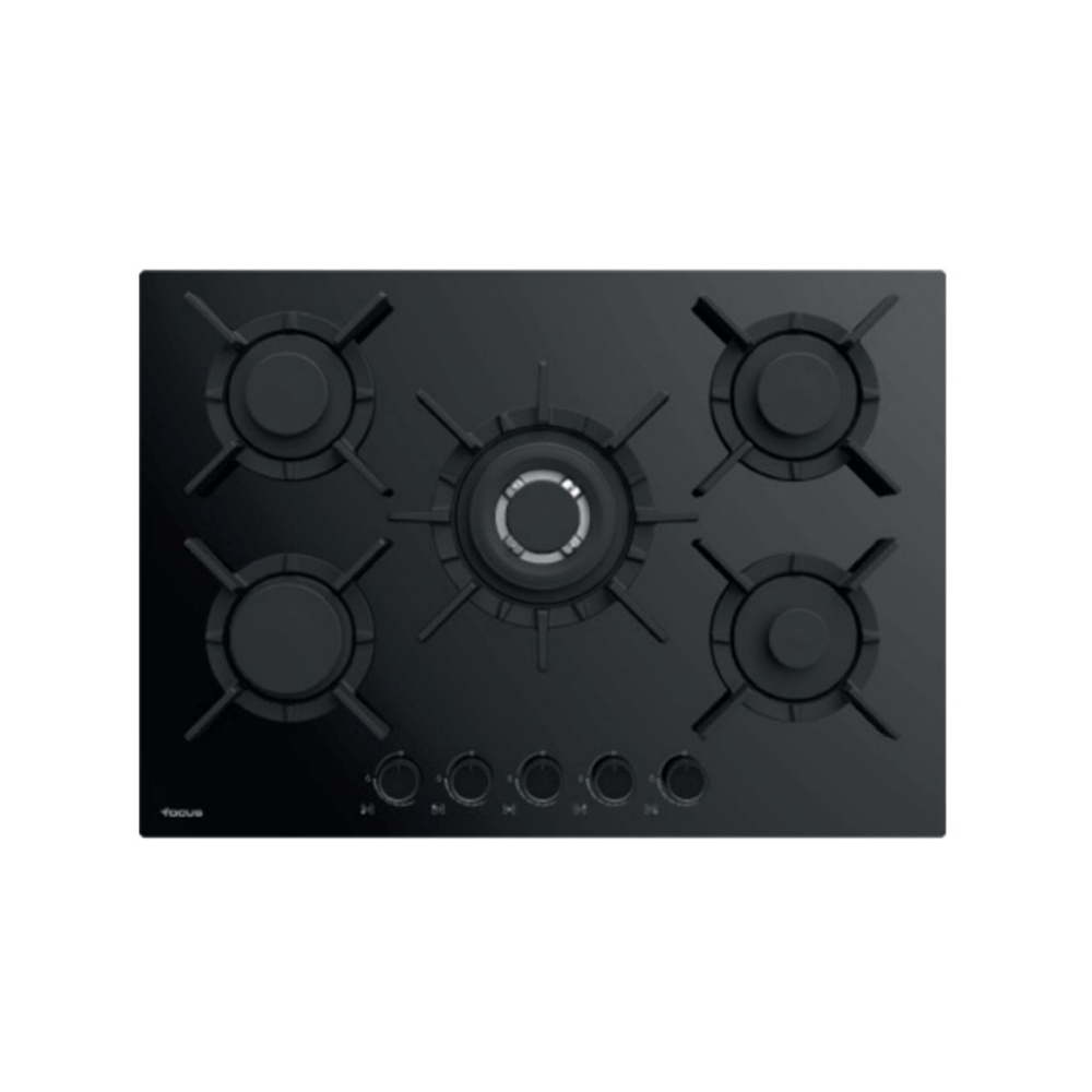 Plaque 5 Feux Gaz 75 cm Grilles Fonte Thermocouple Vitro Noir Focus